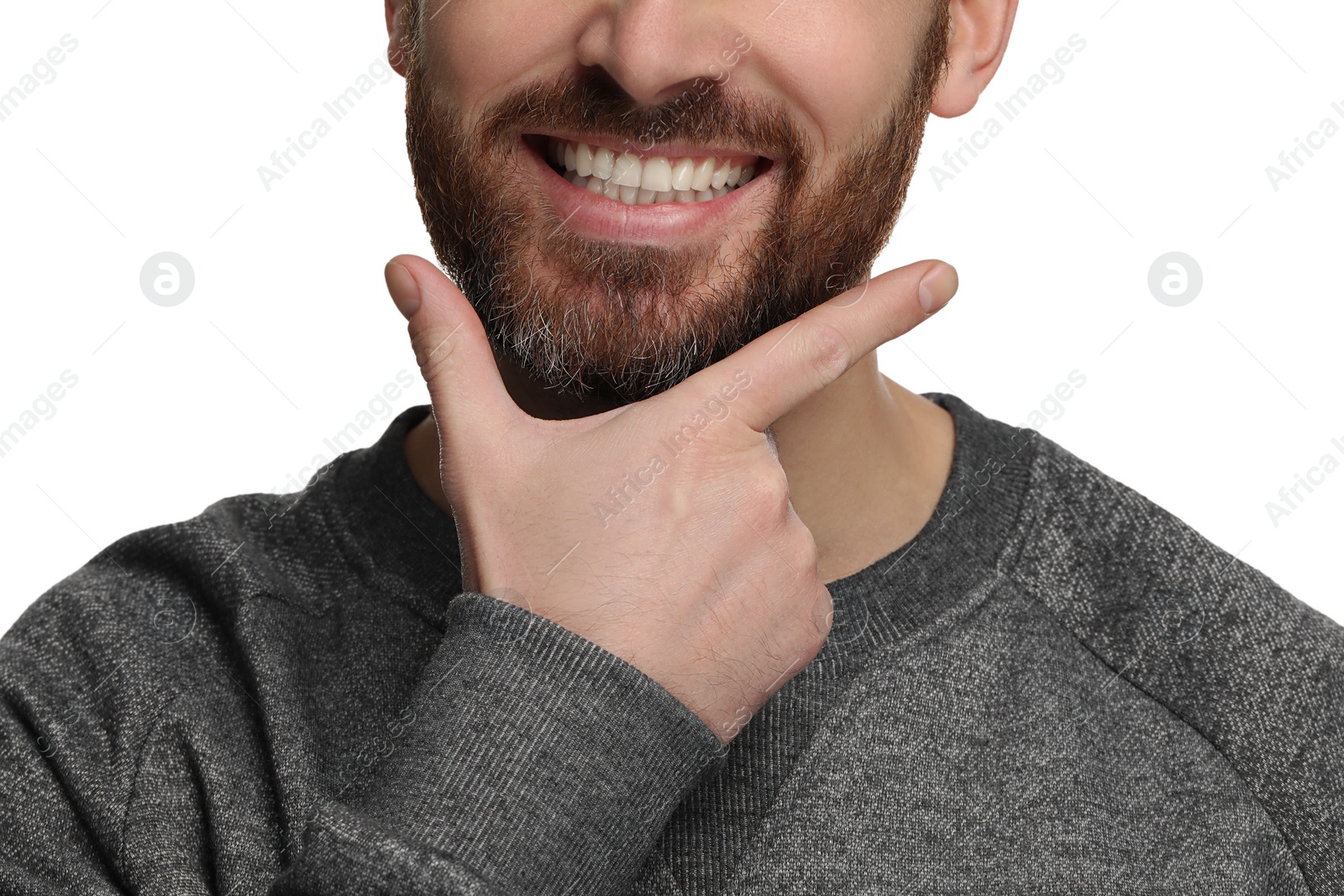 Photo of Smiling man with healthy clean teeth on white background, closeup