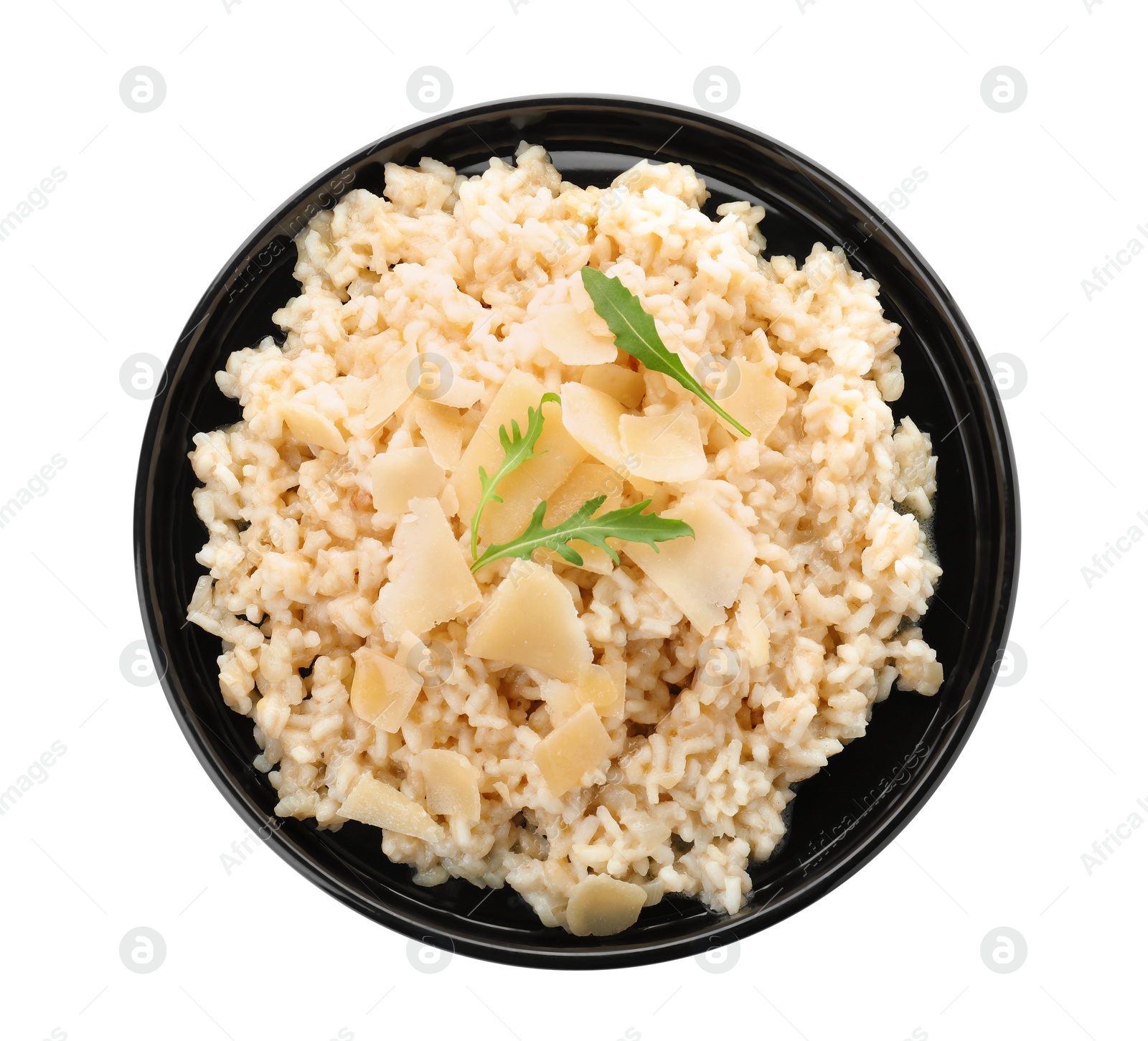 Photo of Delicious risotto with cheese isolated on white, top view