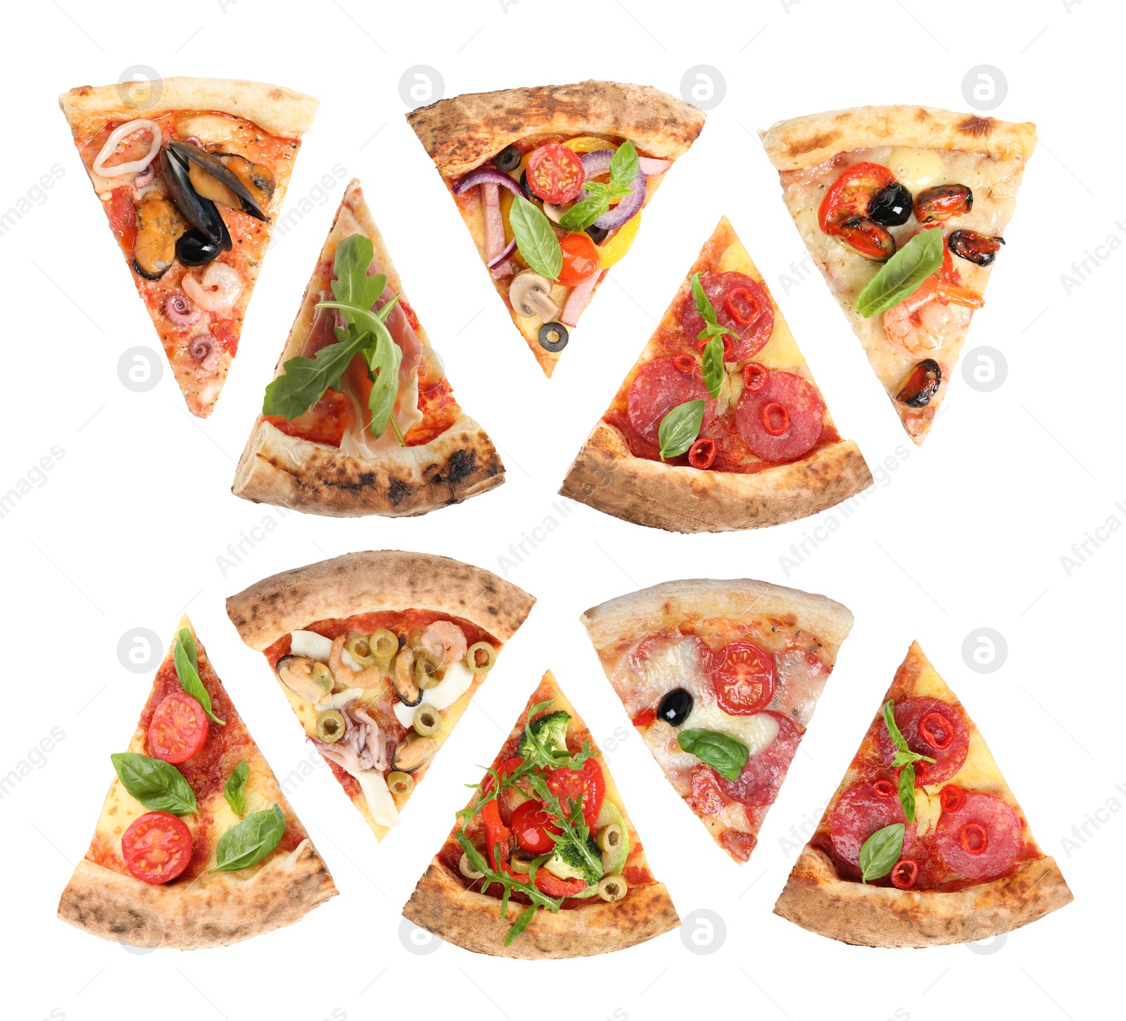 Image of Set with slices of different pizzas on white background, top view