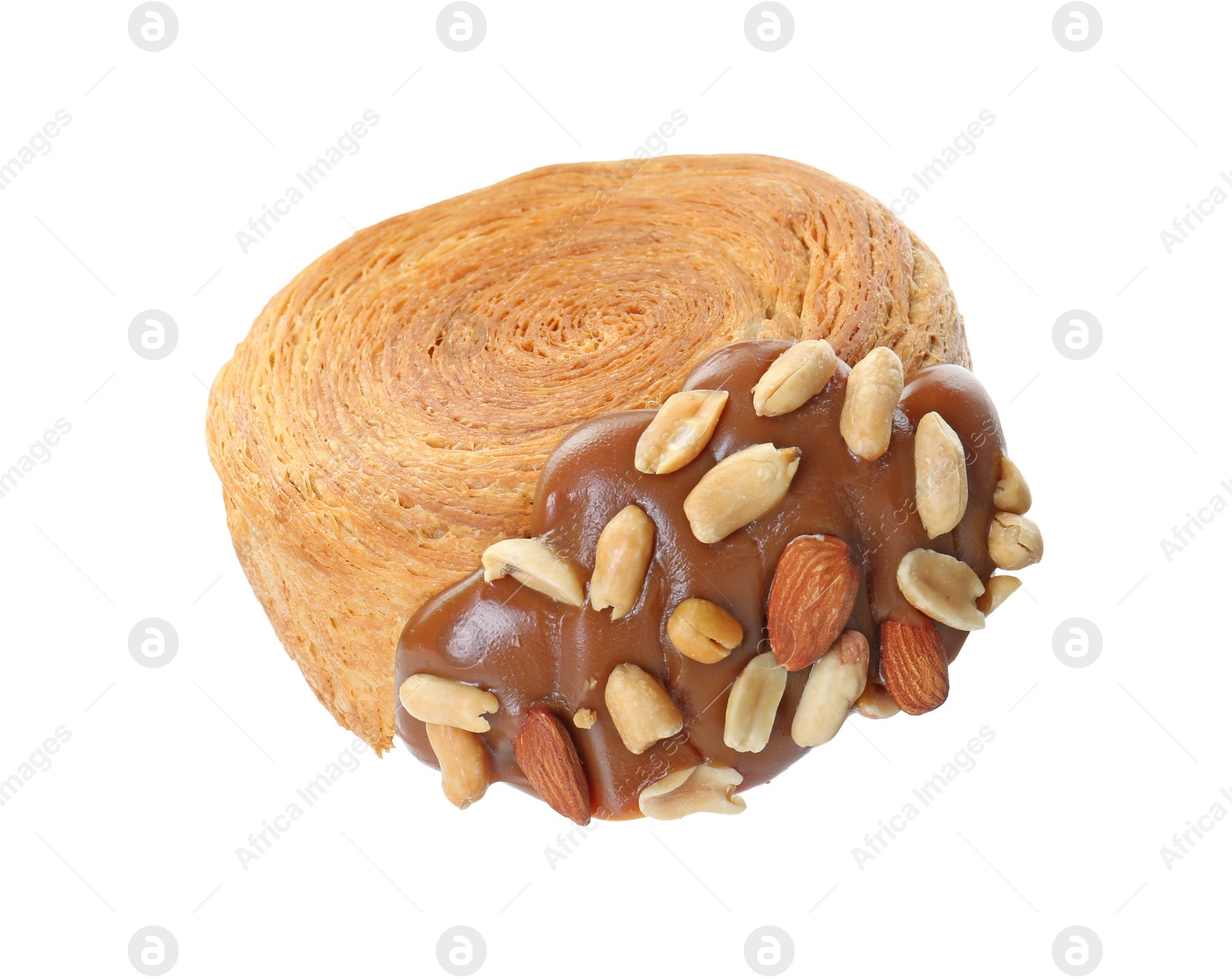 Photo of One supreme croissant with chocolate paste and nuts on white background. Tasty puff pastry