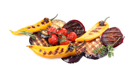 Different delicious grilled vegetables isolated on white