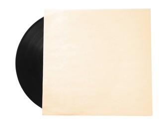 Photo of Vintage vinyl record in paper sleeve on white background, top view