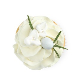 Tasty Easter cupcake with vanilla cream isolated on white, top view