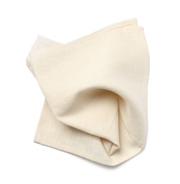 Photo of Beige fabric napkin on white background, top view