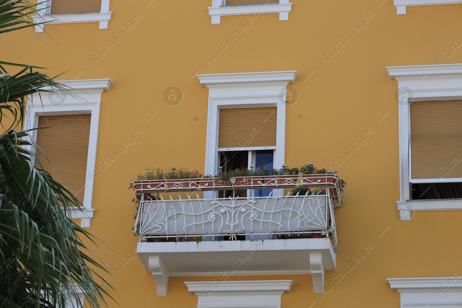 Photo of View of beautiful yellow building with balcony outdoors