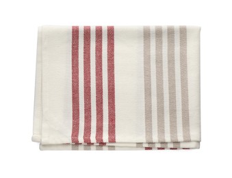 Photo of Striped kitchen towel isolated on white, top view
