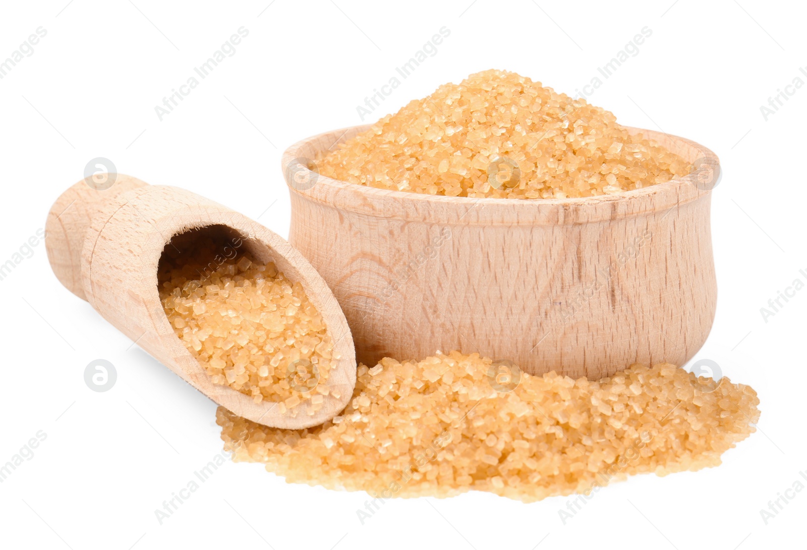 Photo of Brown sugar in bowl and scoop isolated on white