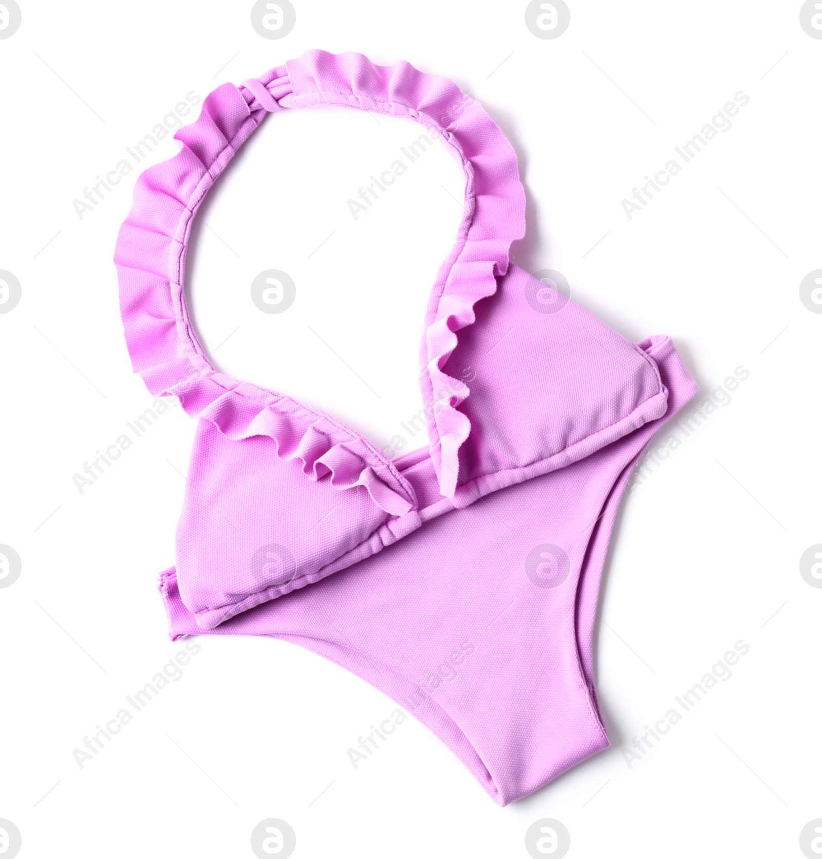 Photo of Bright swimsuit on white background, top view. Beach accessories