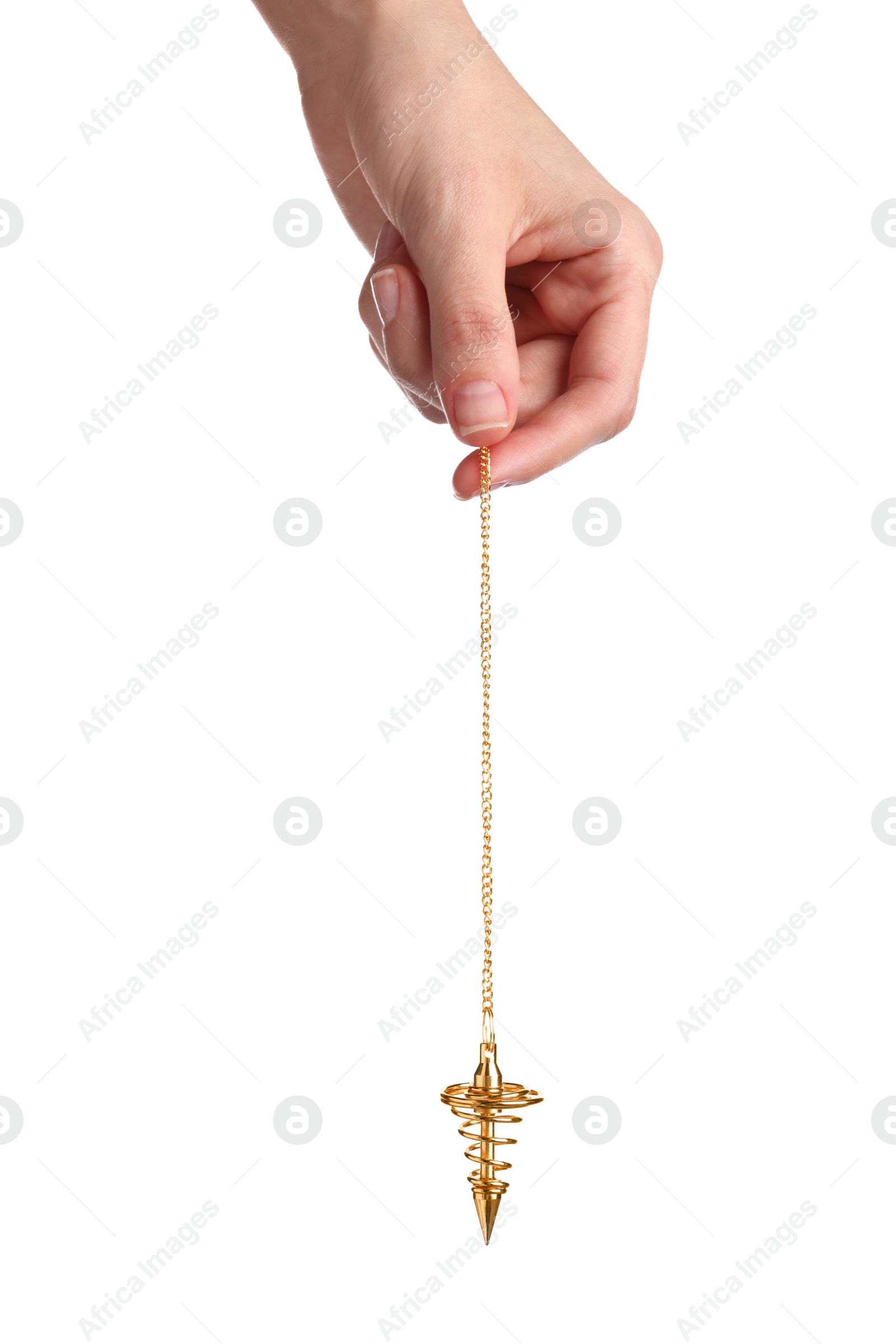 Photo of Woman holding golden pendulum with chain on white background, closeup. Hypnosis session