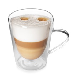 Photo of Glass cup of delicious latte macchiato isolated on white