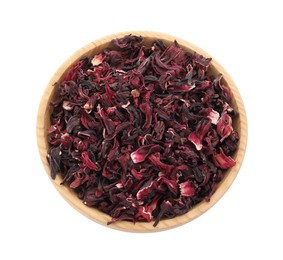 Photo of Hibiscus tea. Wooden bowl with dried roselle calyces isolated on white, top view
