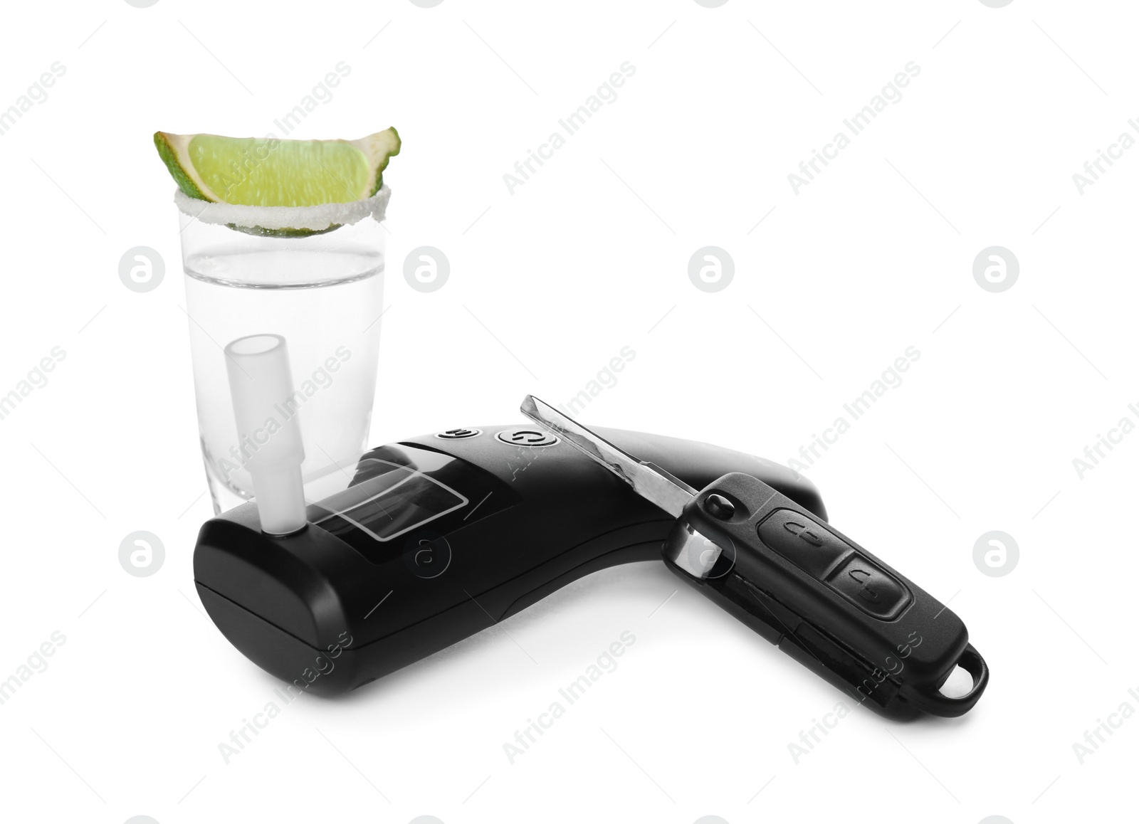 Photo of Modern breathalyzer, alcohol and car key on white background