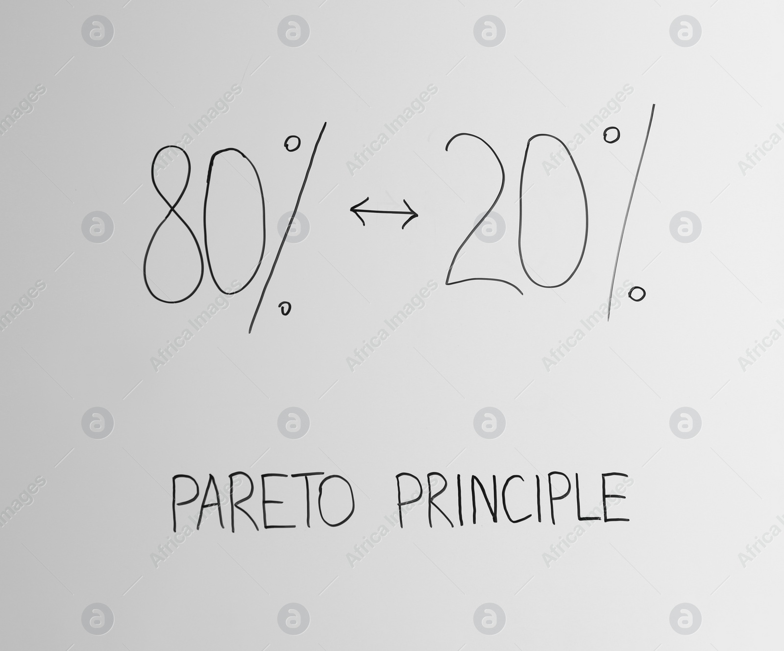 Photo of White board with 80/20 rule representation, closeup. Pareto principle concept