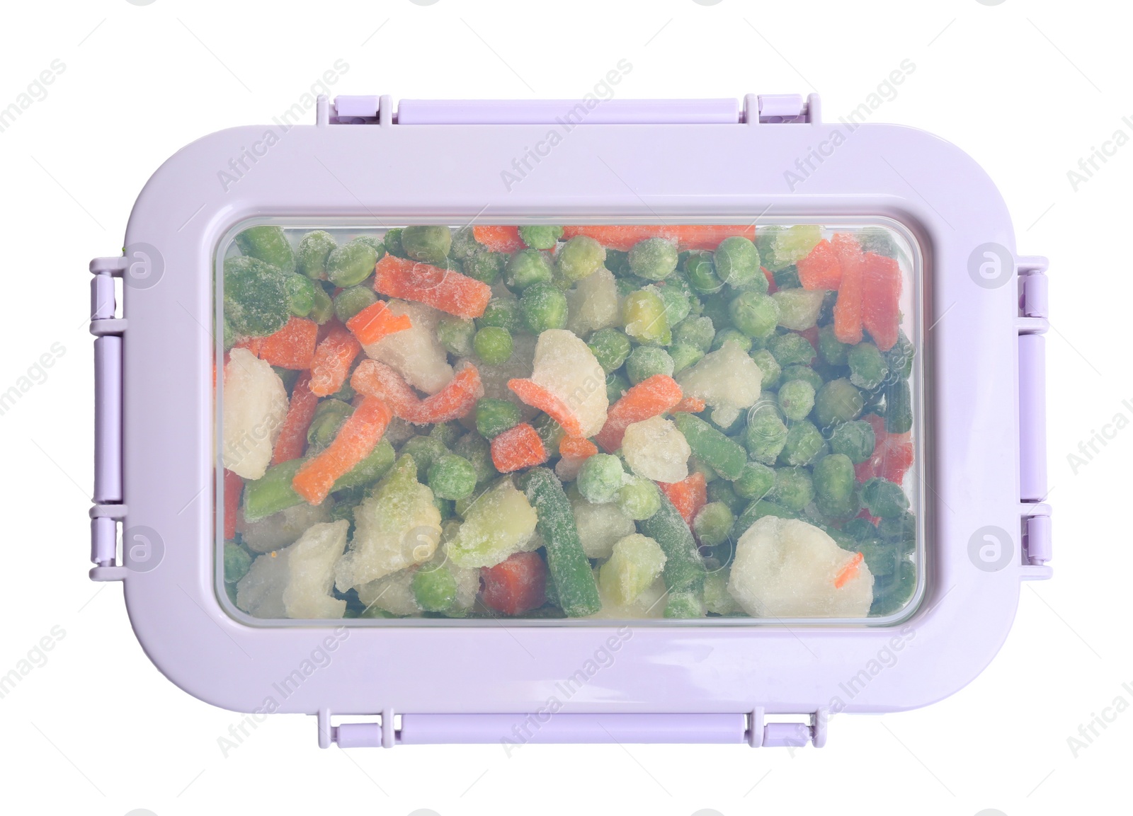 Photo of Frozen vegetables in plastic container isolated on white, top view