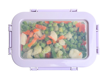 Photo of Frozen vegetables in plastic container isolated on white, top view