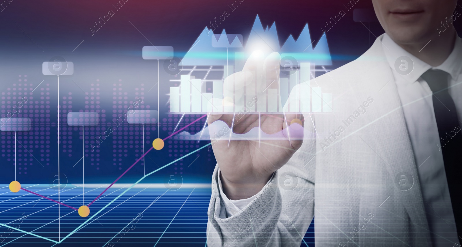 Image of Forex trading. Man using virtual screen, double exposure