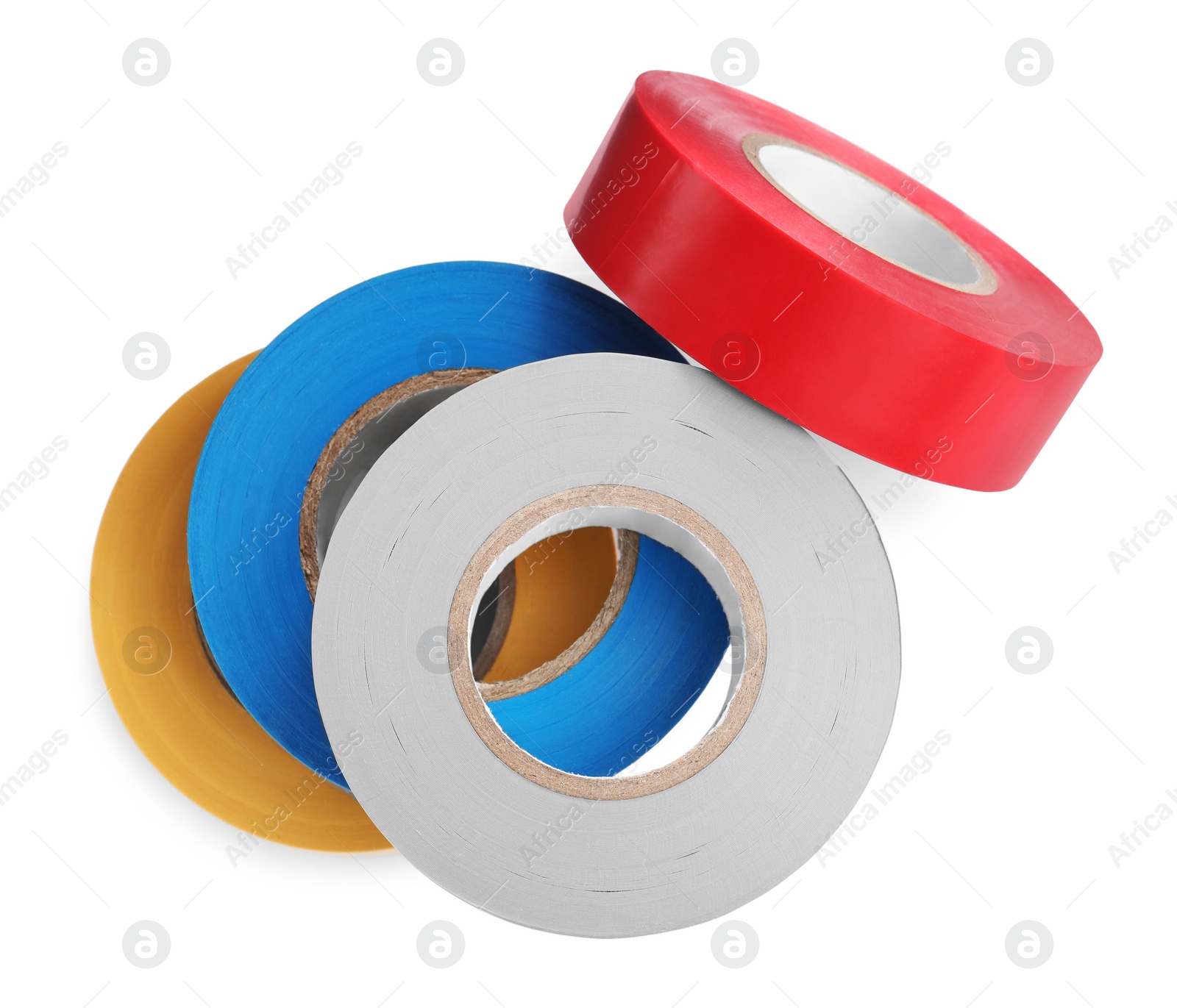 Photo of Colorful insulating tapes on white background, top view