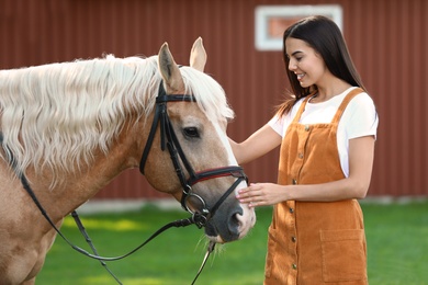 Photo of Palomino horse in bridle and young woman outdoors