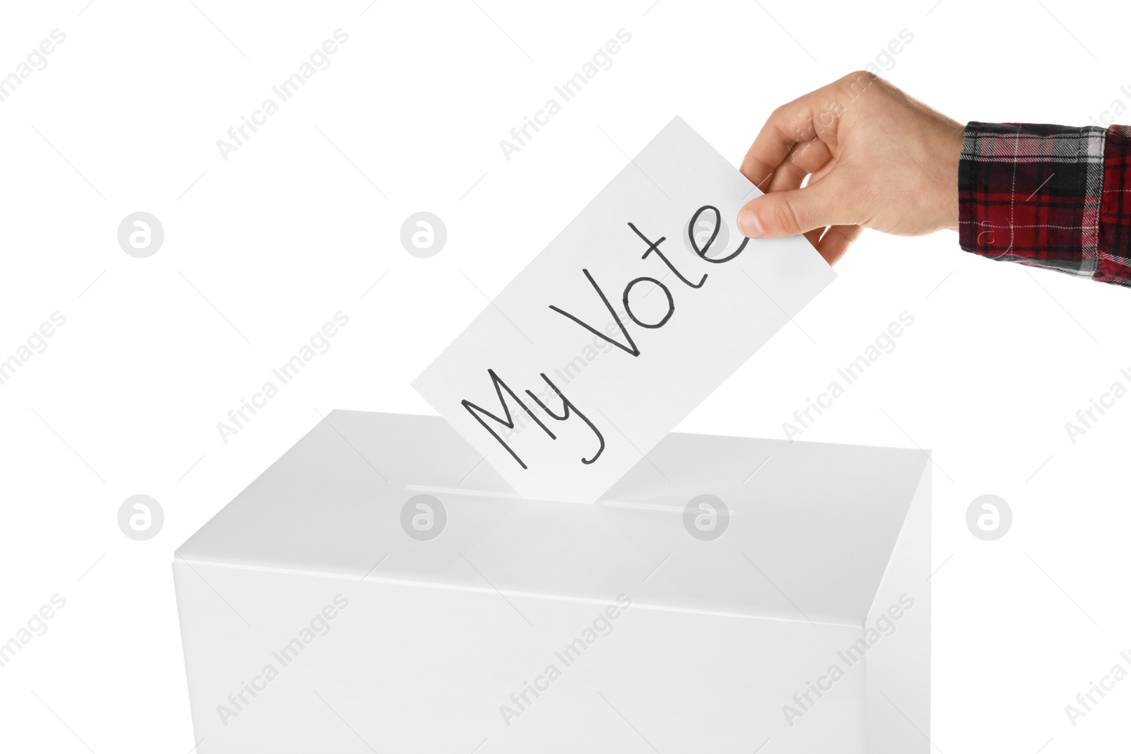 Photo of Man putting his vote into ballot box on white background, closeup