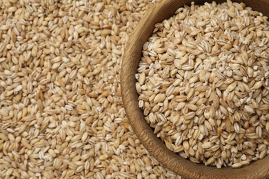 Photo of Pearl barley in bowl on dry grains, top view. Space for text