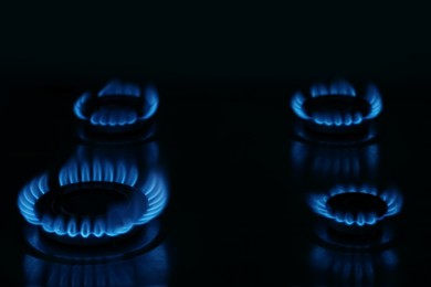 Photo of Gas cooktop with burning blue flames in darkness