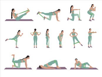 Illustration of Woman doing exercises with fitness elastic band on white background, collage