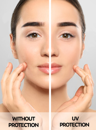 Image of Young woman without and with sun protection cream on her face