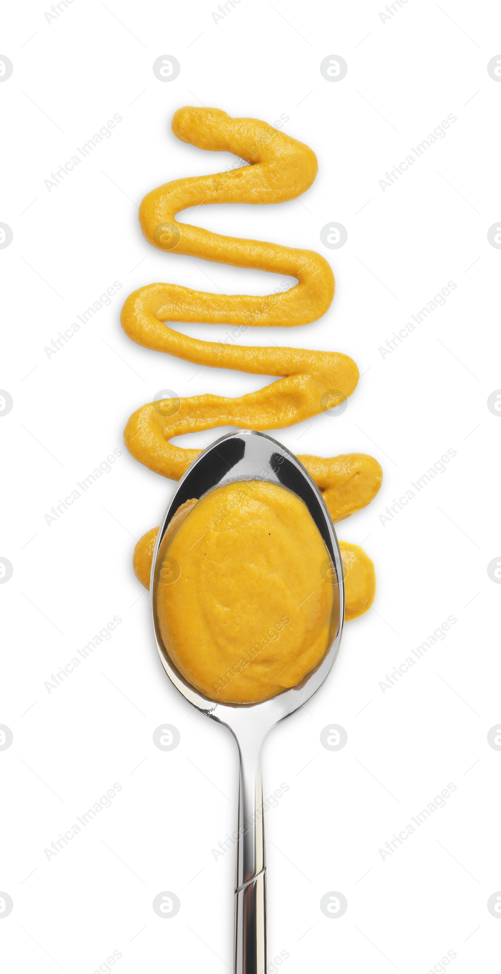 Photo of Tasty mustard sauce and spoon isolated on white, top view