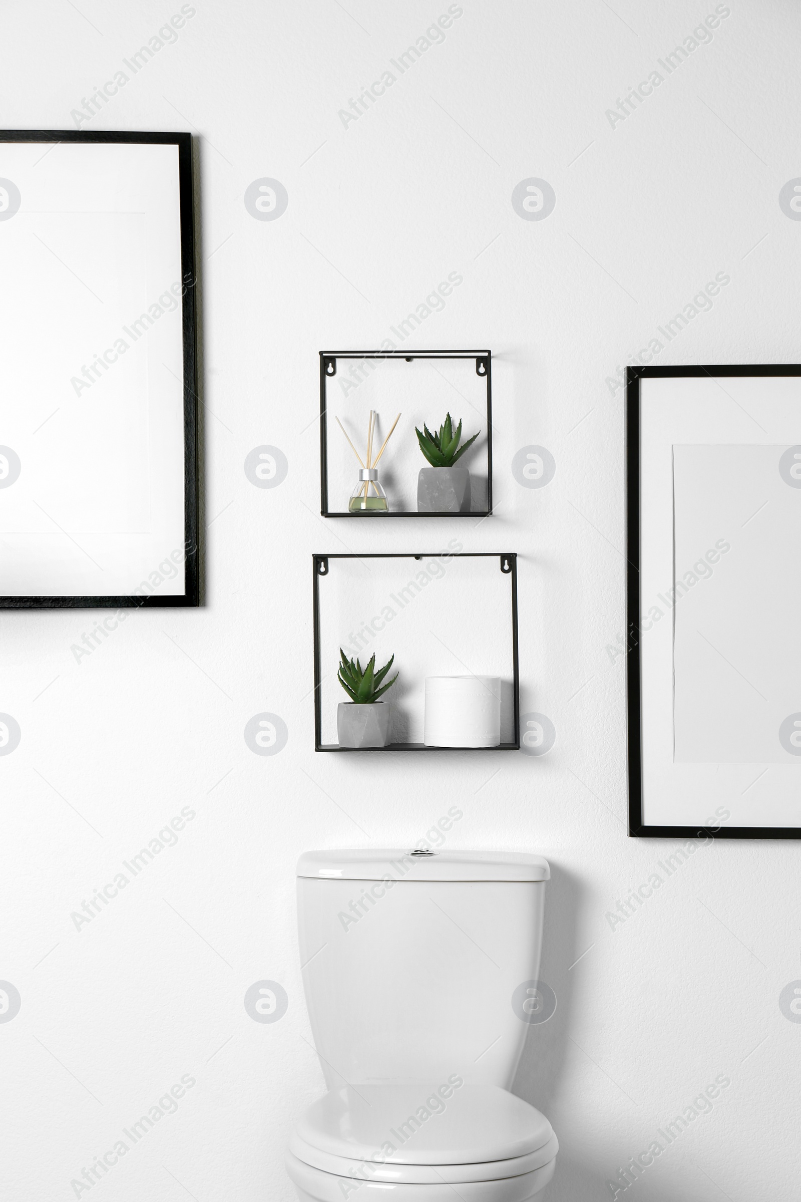 Photo of Shelves with different stuff and potted plants on white wall above toilet bowl in restroom interior