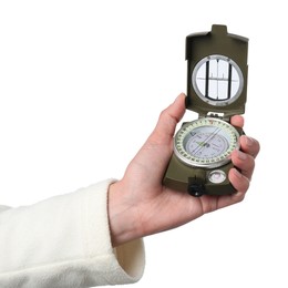 Photo of Woman holding compass on white background, closeup