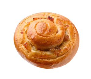 Photo of One delicious roll with raisins isolated on white. Sweet bun