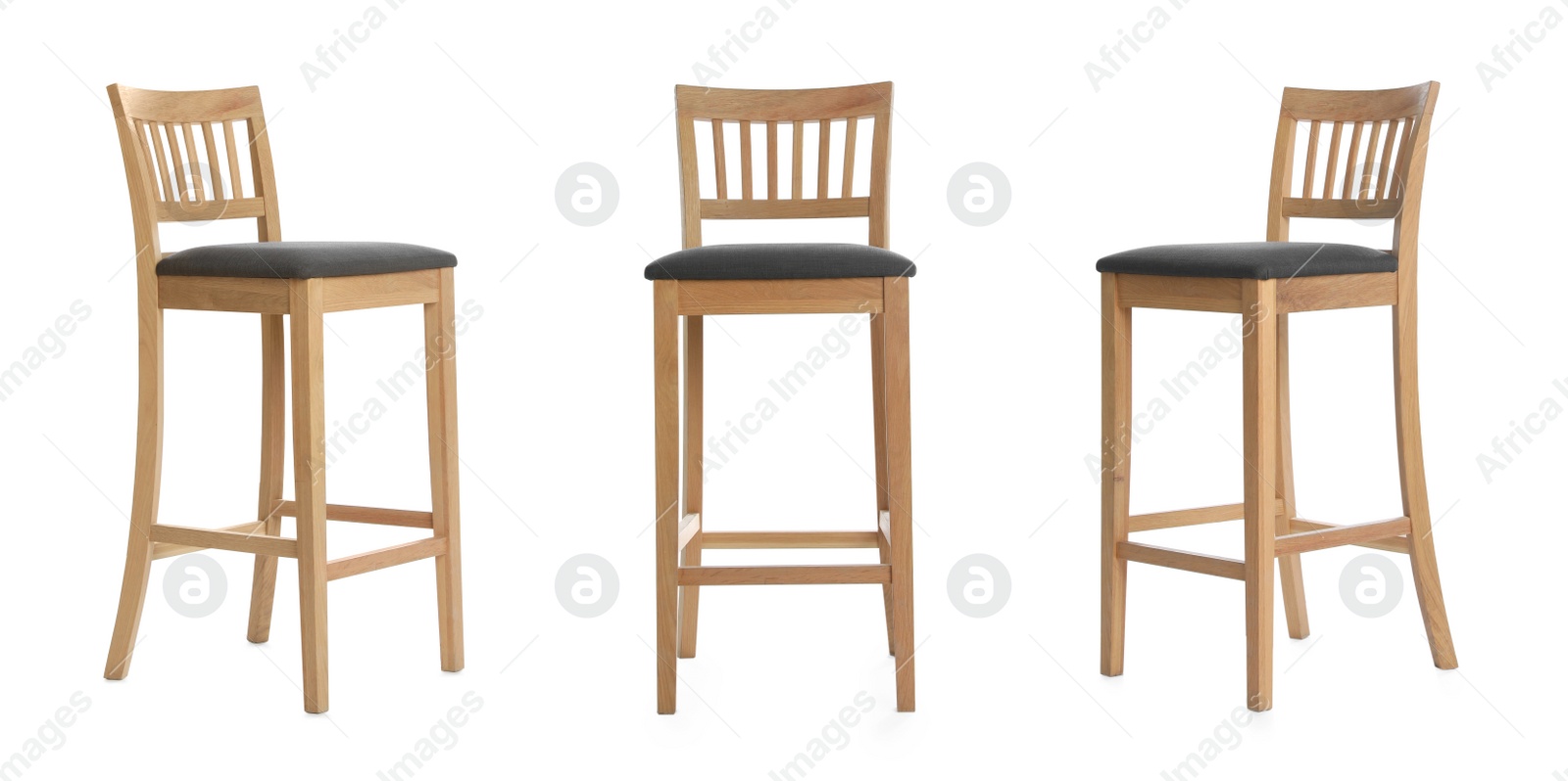 Image of Set with stylish bar stools on white background. Banner design