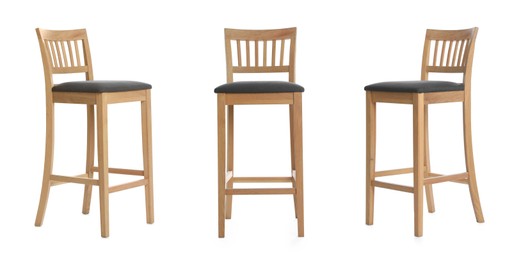 Image of Set with stylish bar stools on white background. Banner design