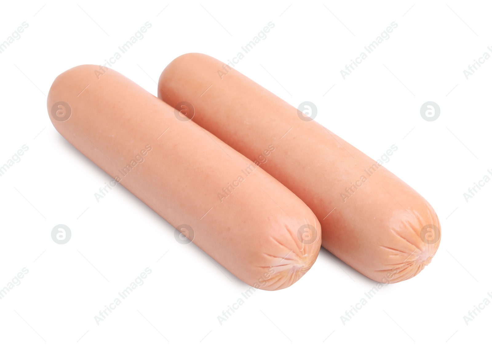 Photo of Two delicious boiled sausages on white background