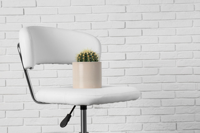 Photo of Chair with cactus near white brick wall, space for text. Hemorrhoids concept