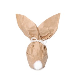 Photo of Easter bunny made of kraft paper and egg on white background