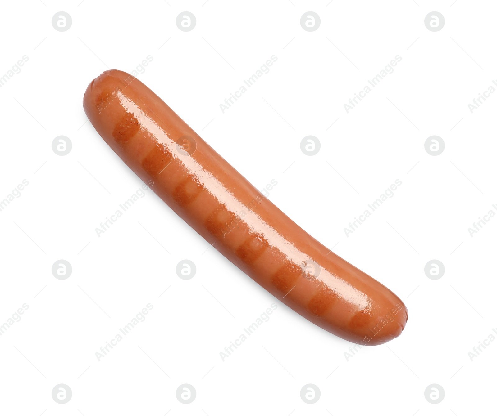 Photo of Tasty grilled sausage on white background, top view. Ingredient for hot dog