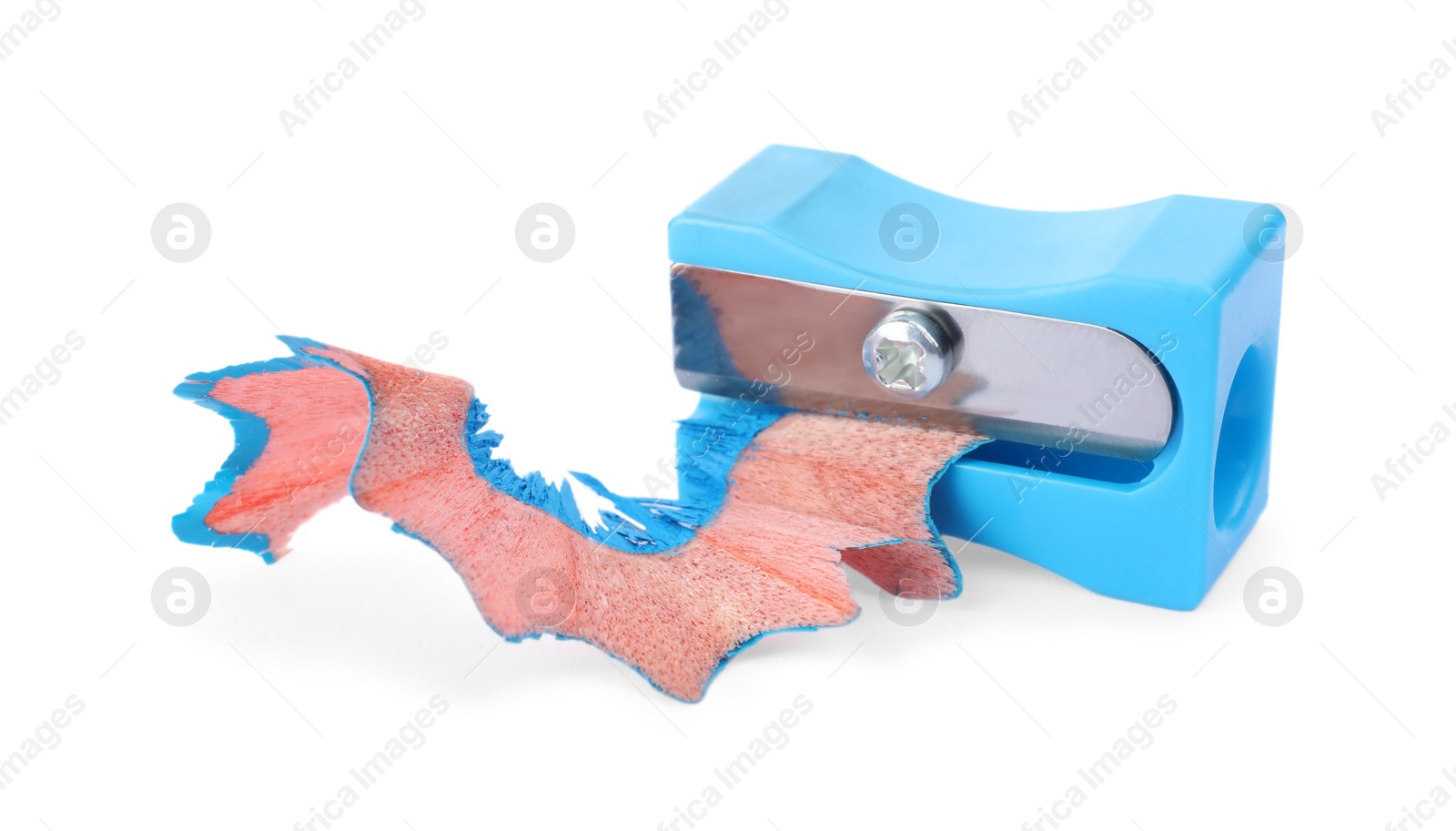 Photo of Light blue sharpener with pencil shavings on white background