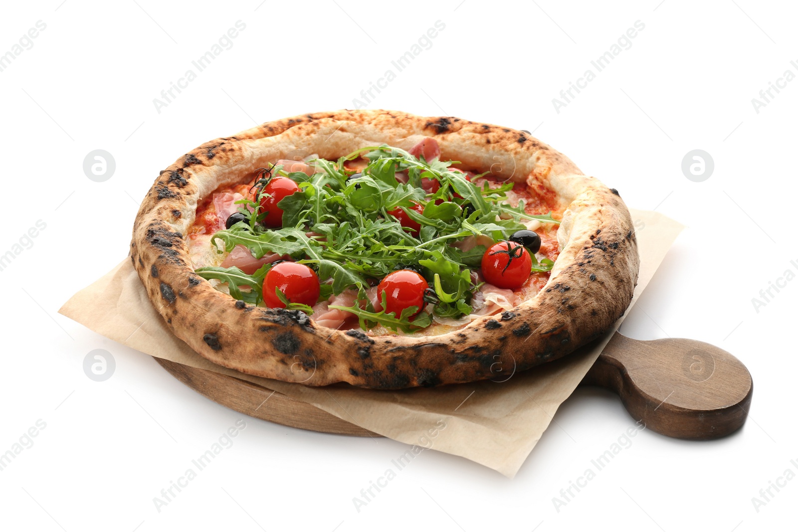 Photo of Tasty pizza with meat and arugula isolated on white