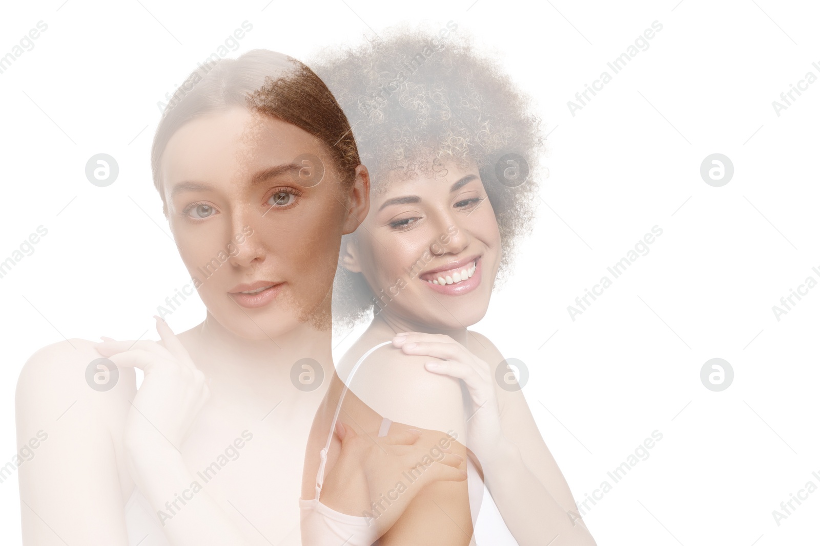 Image of Double exposure of beautiful women on white background