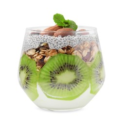 Photo of Delicious dessert with kiwi, chia seeds and almonds isolated on white