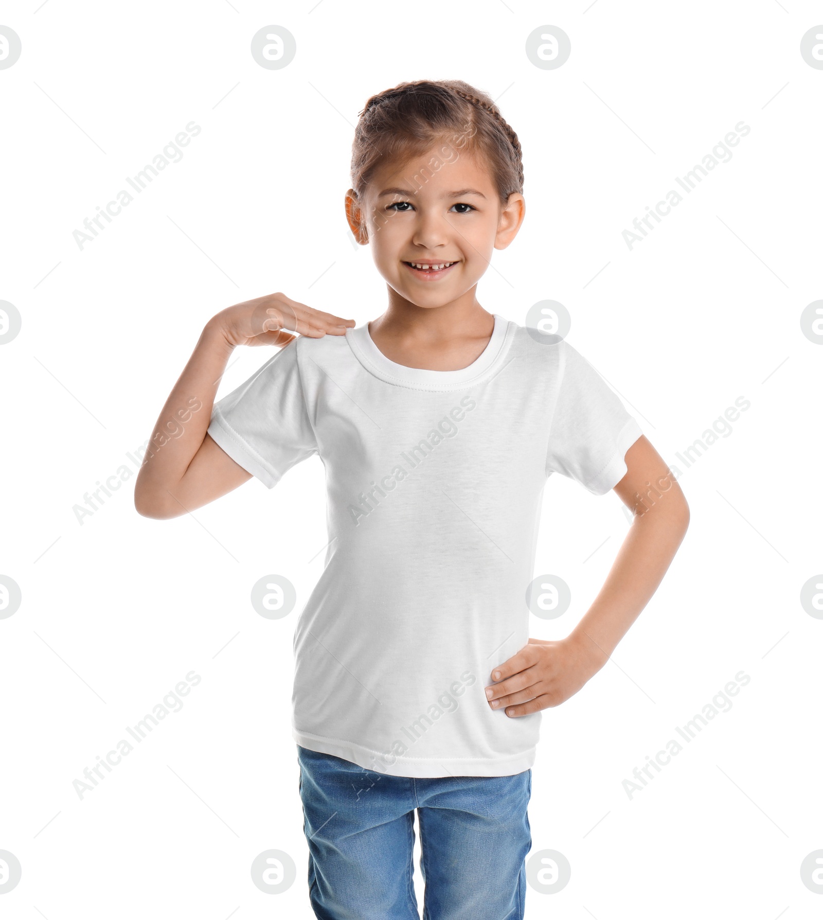 Photo of Little girl in t-shirt on white background. Mockup for design