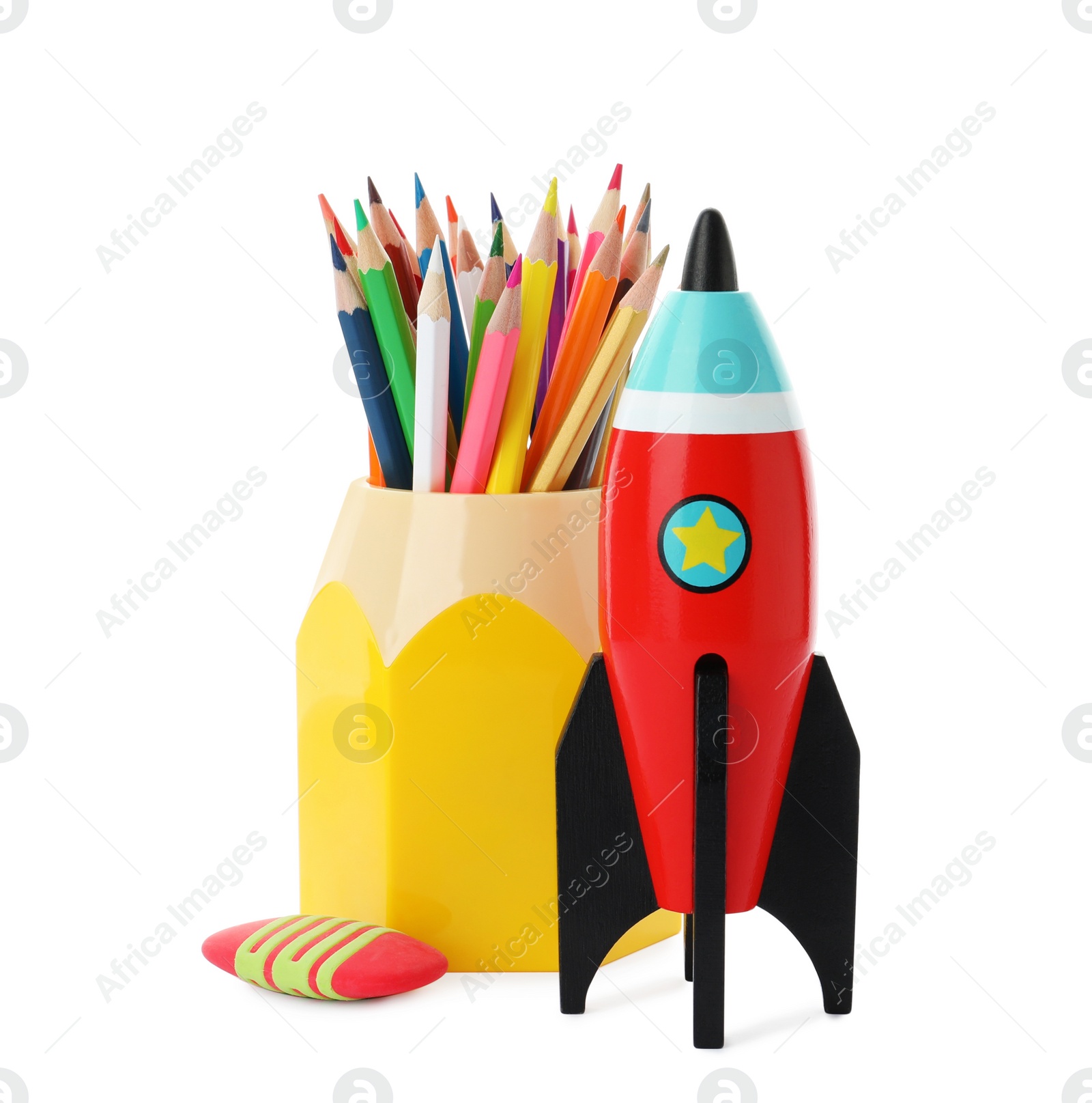 Photo of Bright toy rocket and school supplies on white background