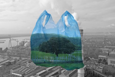 Environmental pollution. Plastic bag with beautiful landscape against industrial factory