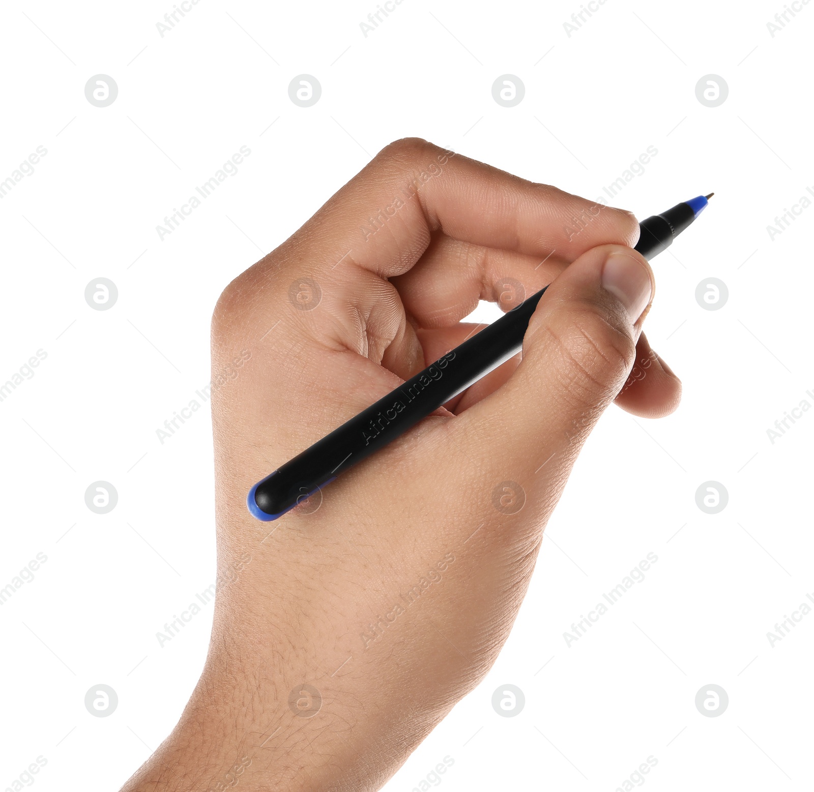 Photo of Man holding pen on white background, closeup of hand