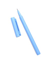Photo of One light blue marker and cap on white background, top view