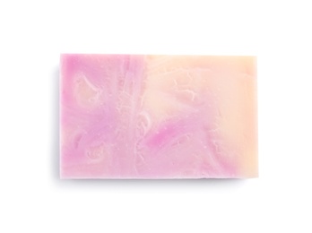 Photo of Hand made soap bar on white background, top view