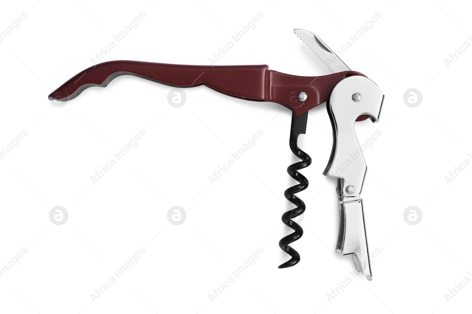 Photo of One corkscrew (sommelier knife) isolated on white, top view