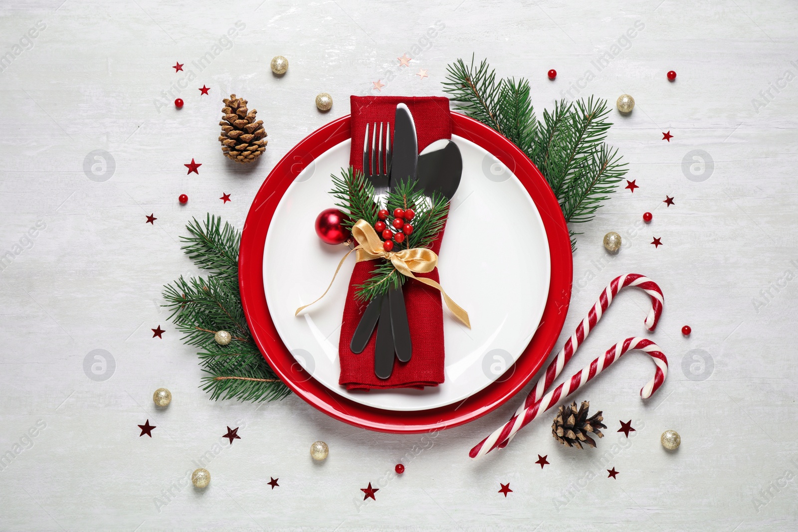 Photo of Christmas table setting on white background, flat lay