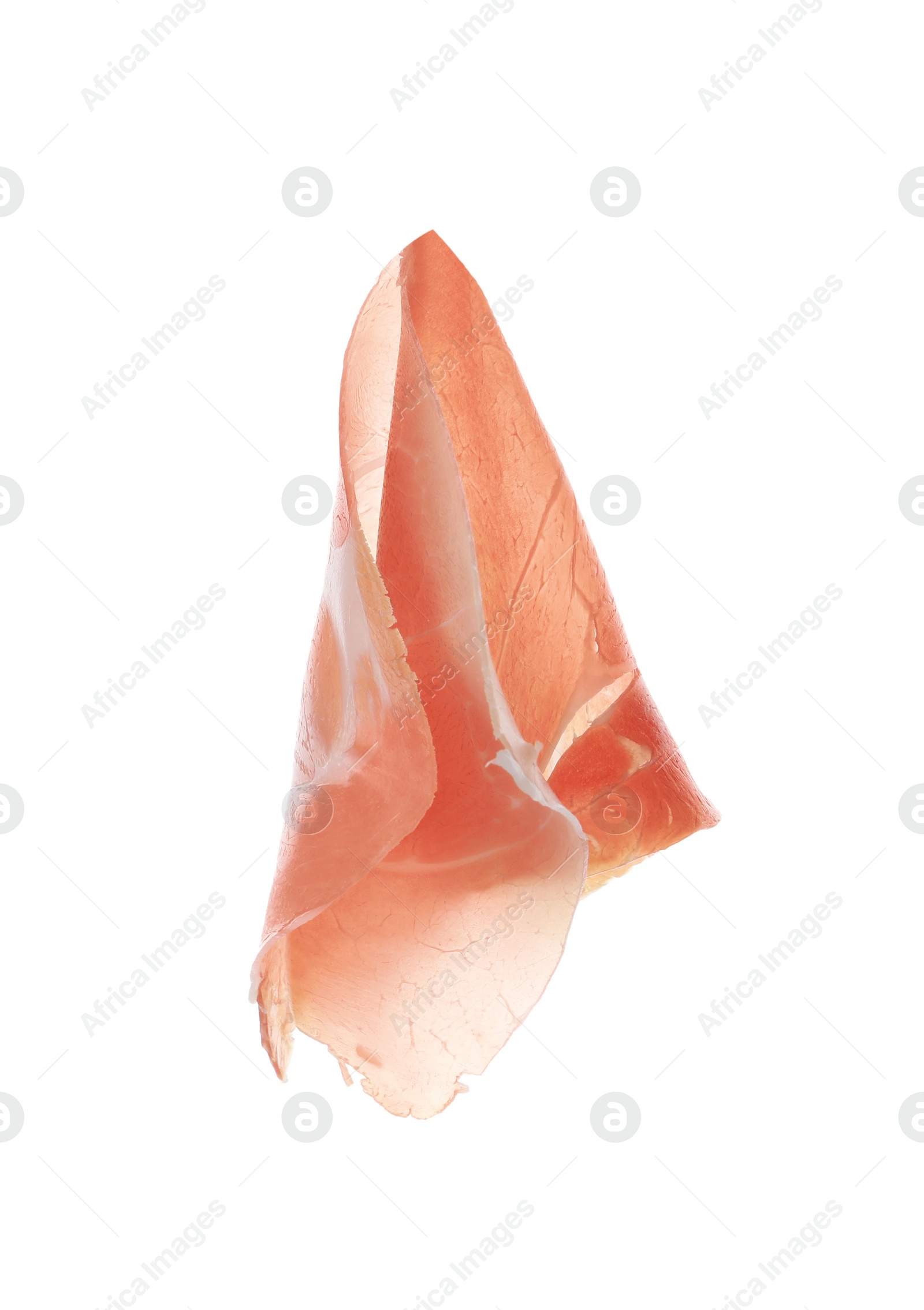 Photo of Slice of tasty prosciutto isolated on white